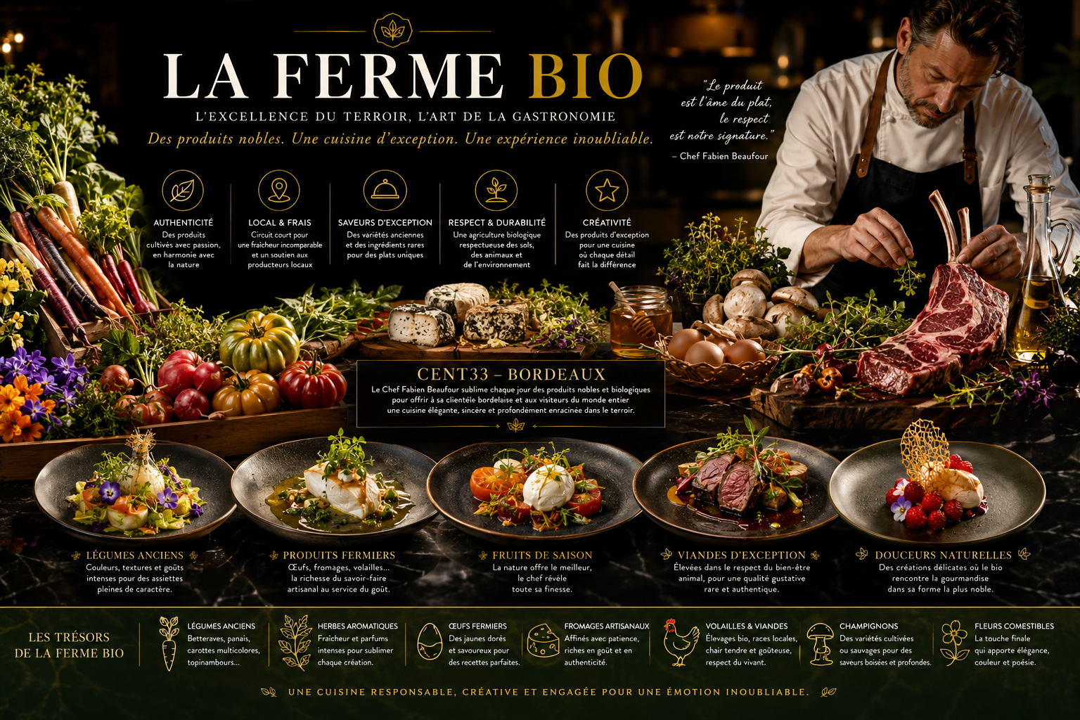 Quels produits de la ferme bio peuvent être servis dans un restaurant gastronomique ?